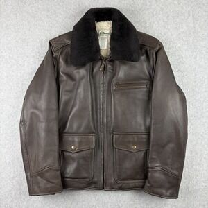 L.L. Bean Dark Brown Leather Bomber Jacket with Black Shearling Collar